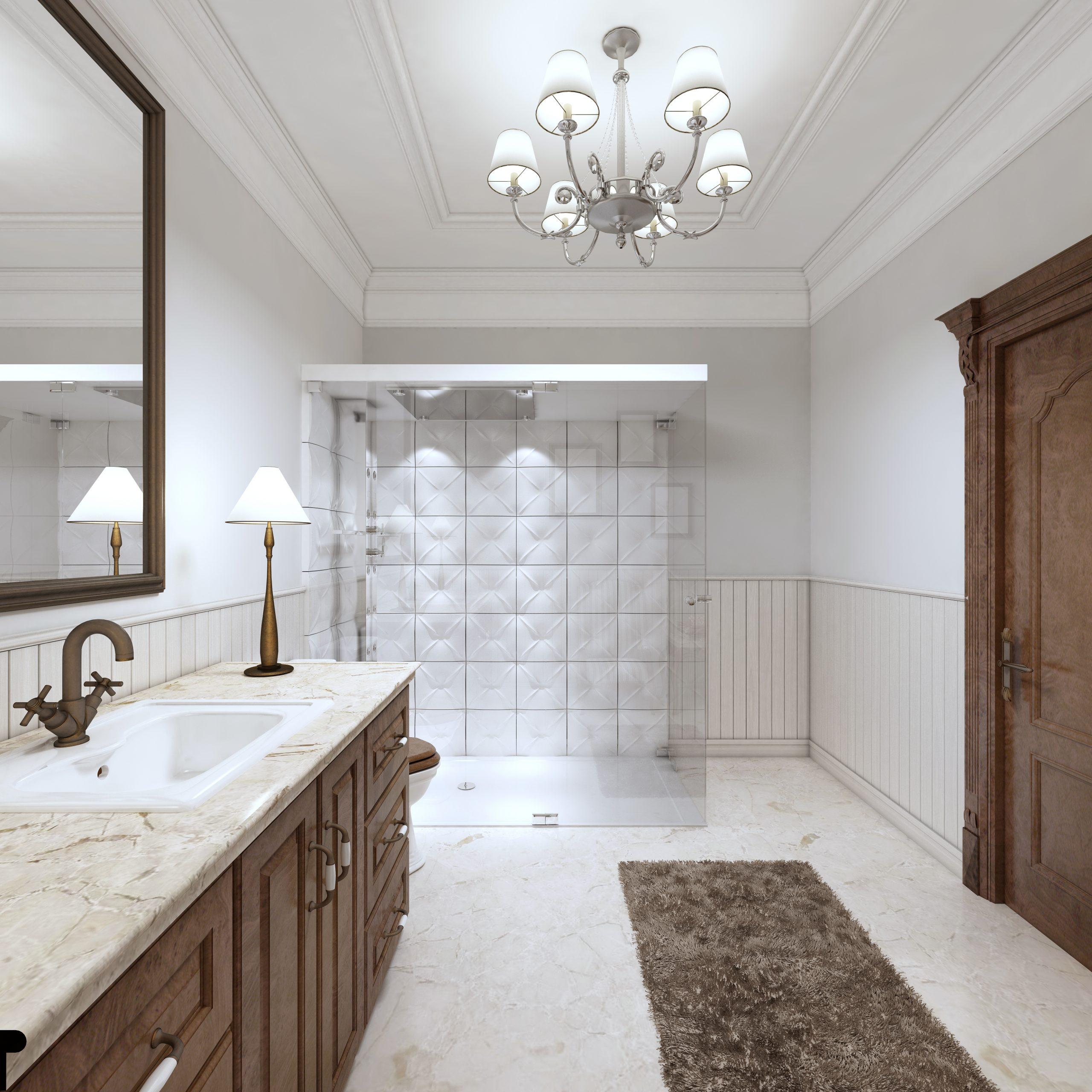 Bright bathroom in the English style with large glass shower.